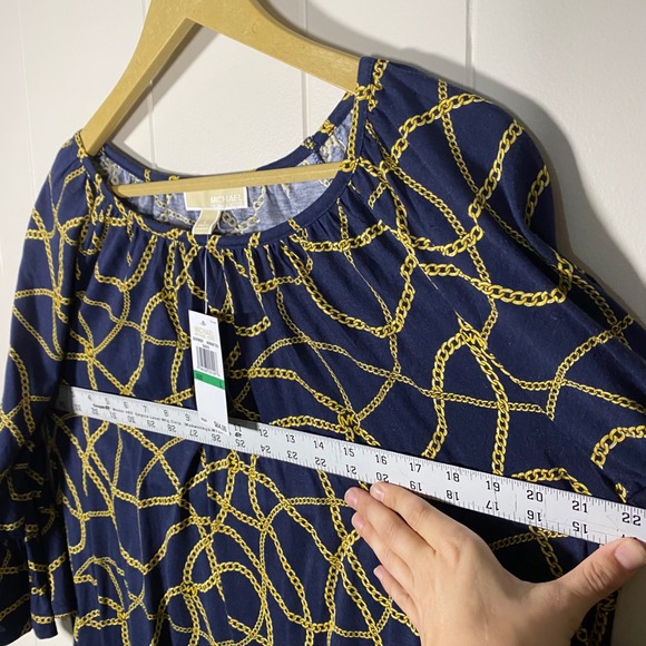 NWT MICHAEL KORS Women's Navy Gold Chain Print 3/4 Sleeve‎ Top Blouse Size L - Picture 10 of 15